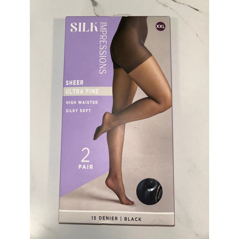 Silk Impressions Black Sheer Ultra Fine Pantyhose 2Pr High Waisted XXL 15 Denier